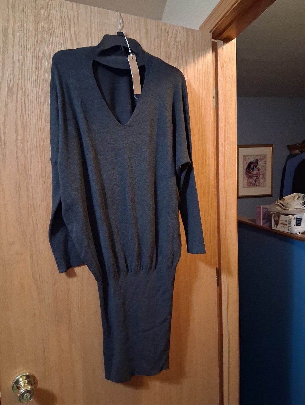 Mustard Seed charcoal gray long-sleeve knit sweater dress. mock-neck chocker